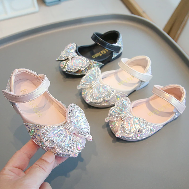 女童公主鞋2025春秋款儿童舞蹈鞋水晶小女孩表演鞋蝴蝶结宝宝单鞋