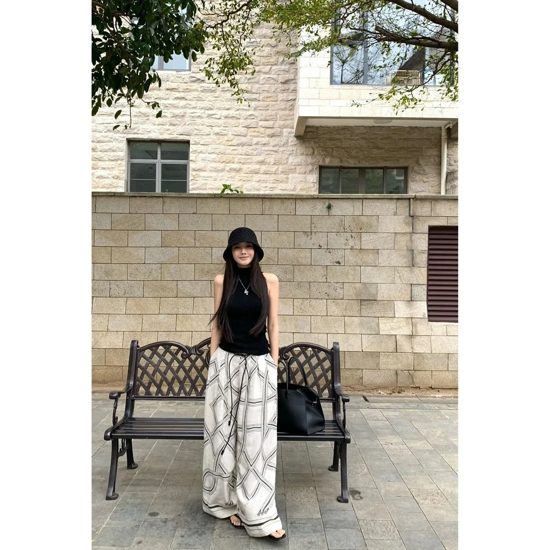 欧货设计感小众阔腿休闲裤女2025夏季度假风时尚百搭宽松显瘦长裤