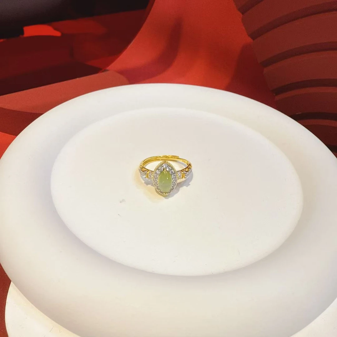 S925银双色5*8mm金丝猫眼马眼水滴戒指HE00777