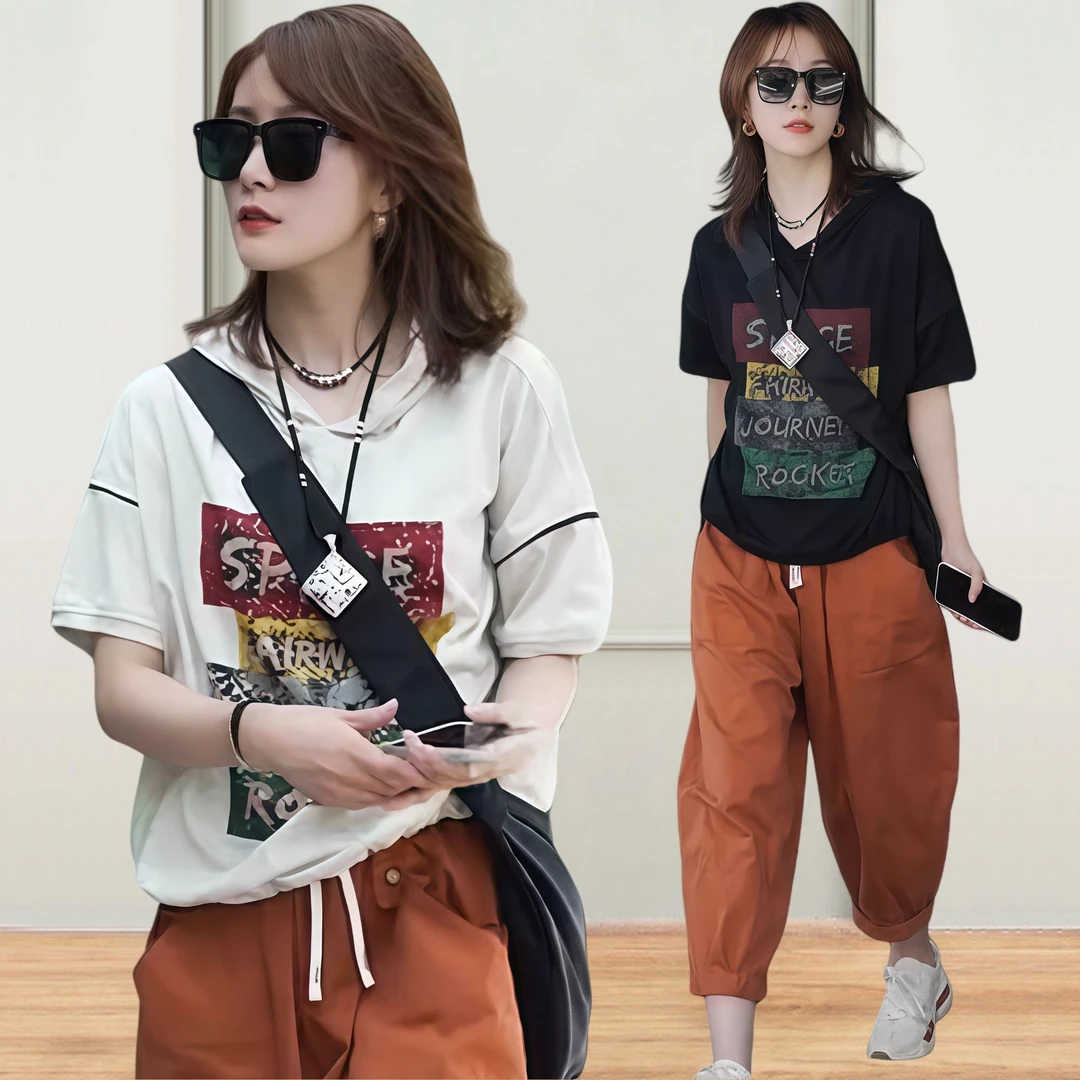 纯棉休闲印花短袖帽衫哈伦裤两件套女夏新款文艺微胖女装显瘦套装