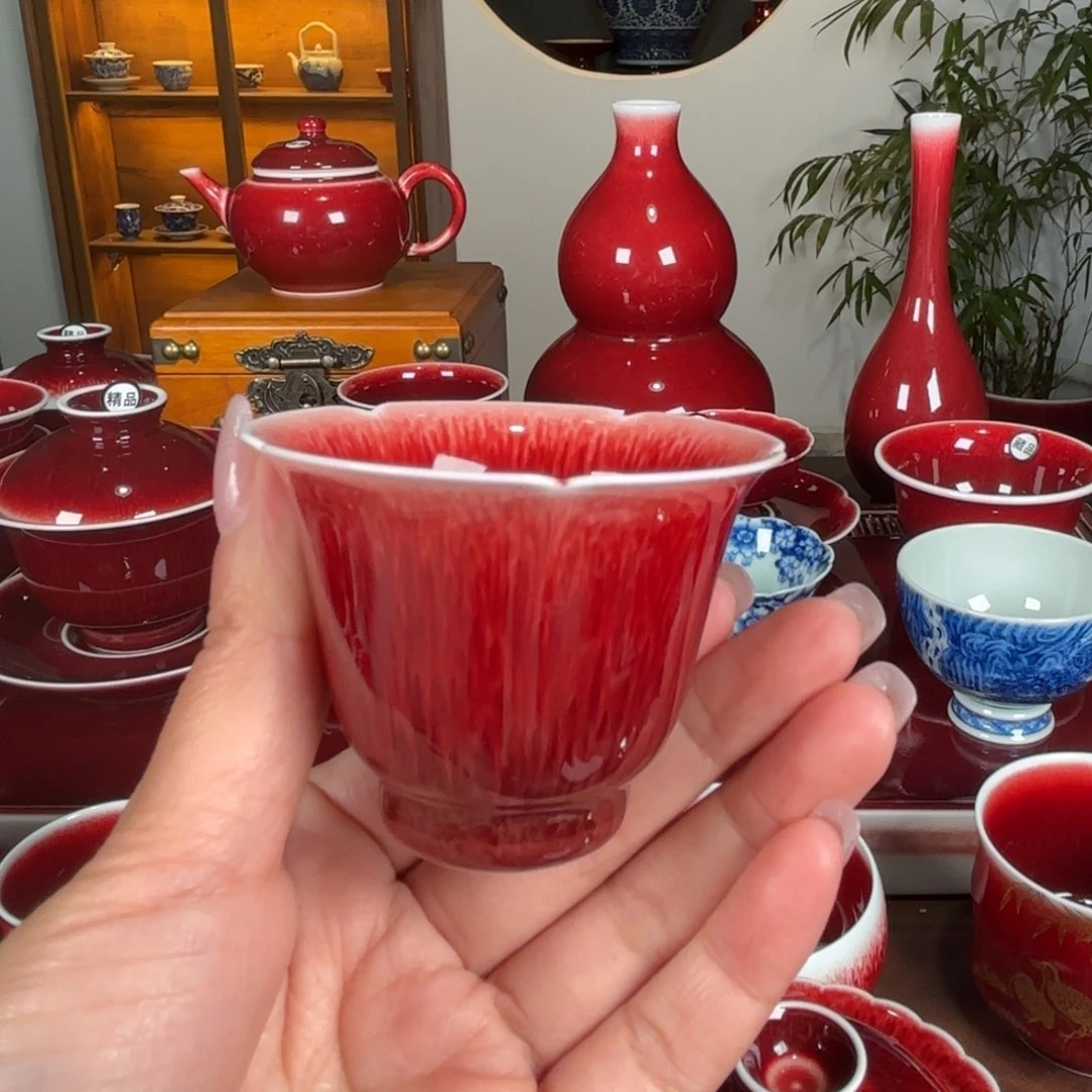 杯景德镇原矿朗红杯 花口杯