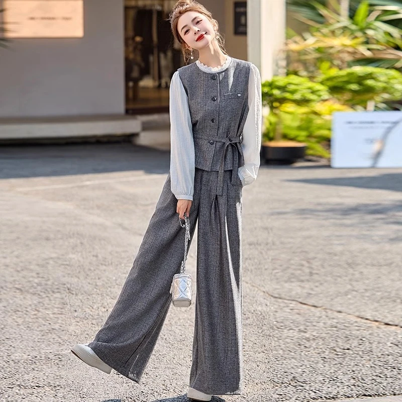 马甲衬衫阔腿裤三件套女装2025秋季新款时尚气质洋气休闲减龄套装