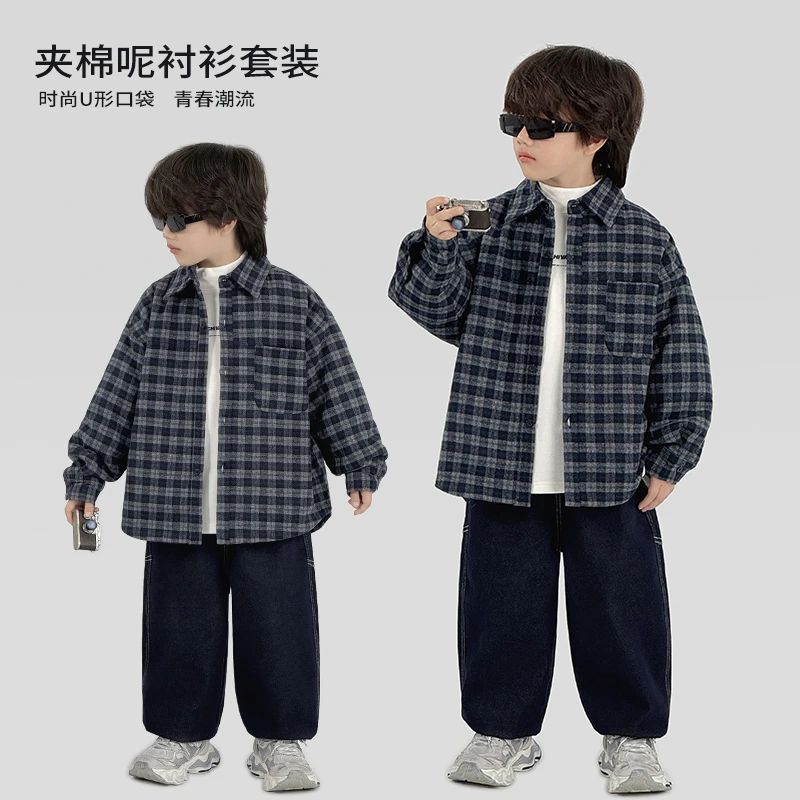 中班仔男童冬季套装夹棉呢衬衫加绒打底衫牛仔裤三件套潮*ZH2707