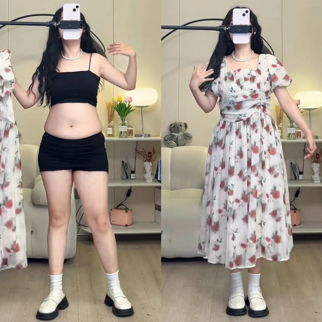 大码女装胖mm法式方领玫瑰碎花泡泡袖连衣裙女夏气质显瘦减龄长裙