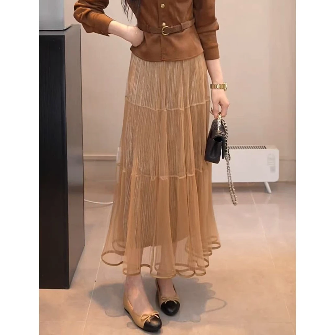 YUANLIANSU/圆脸酥【星辰踏月】千金风高腰网纱褶皱A字半身裙女秋季