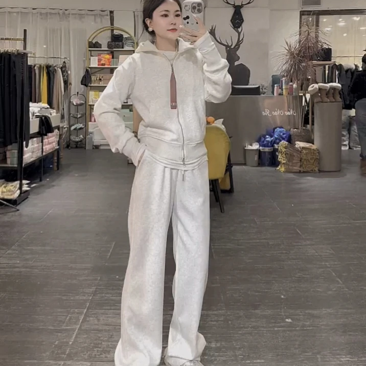 春季连帽卫衣套装显瘦慵懒风阔腿裤网红针织时尚休闲百搭宽松洋气