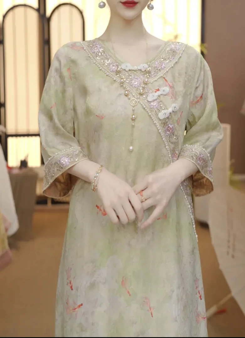 （锦鲤）新中式改良中式斜襟春夏季女装宽松连衣裙098