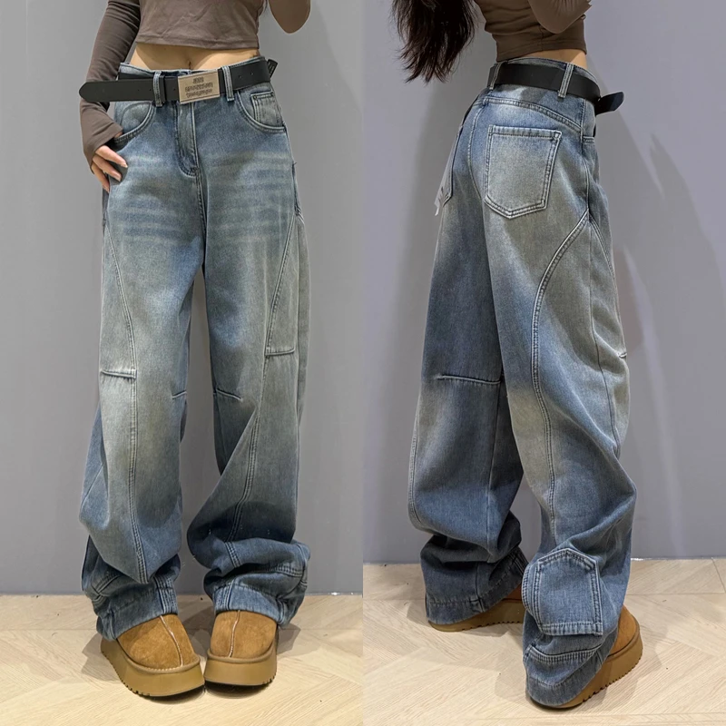 美式阔腿倒装牛仔裤女2025冬季新款水洗宽松加绒加厚直筒反穿长裤