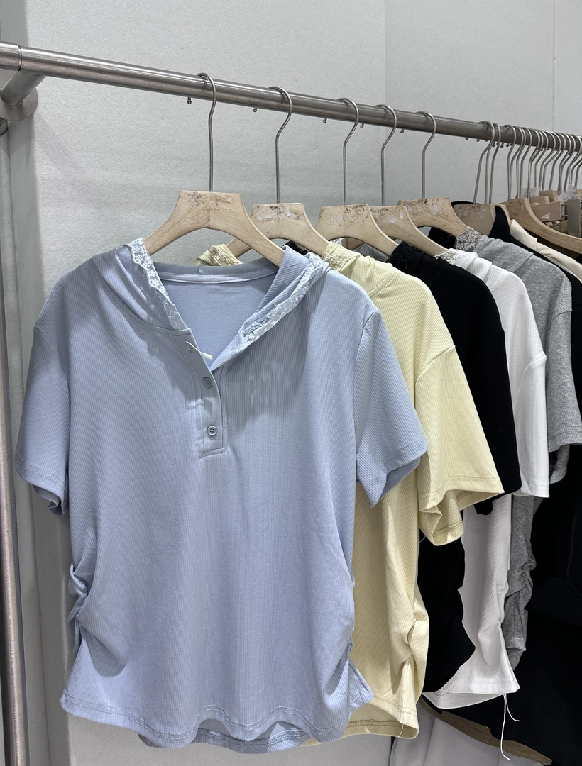 【李姑娘专属】1275设计感褶皱修身蕾丝拼接连帽短袖