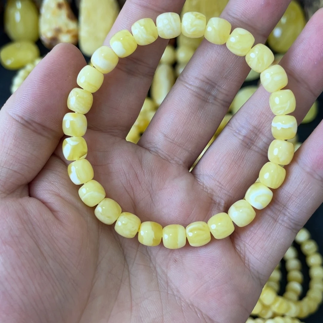 琥珀未镶嵌手串7+俄料高桩妖白花精工老型手串