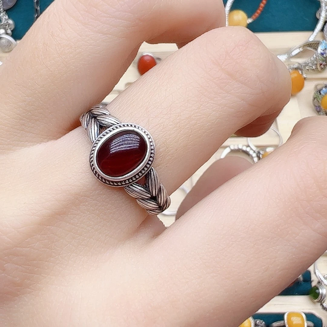 血珀戒指银S925镶嵌天然血珀