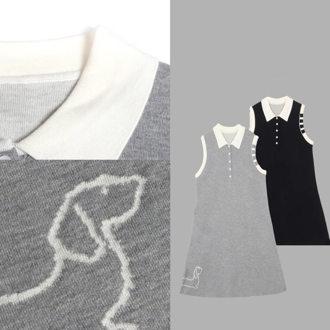 凯特丝蓓2167#撞色POLO领休闲小狗刺绣背心连衣裙