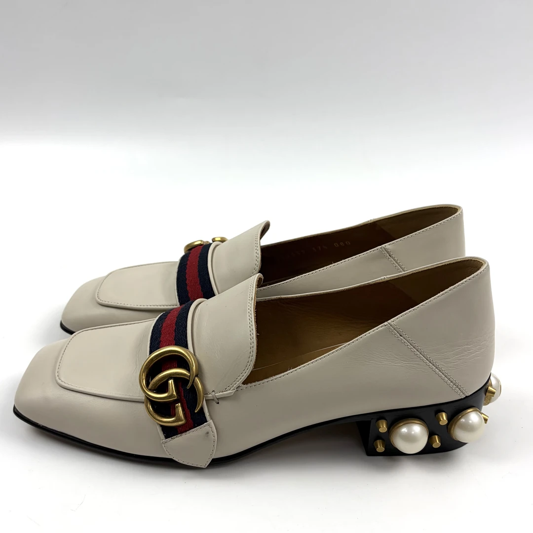 99新 GUCCI/古驰 37.5码 珍珠钻白色乐福鞋 全新 sz0490