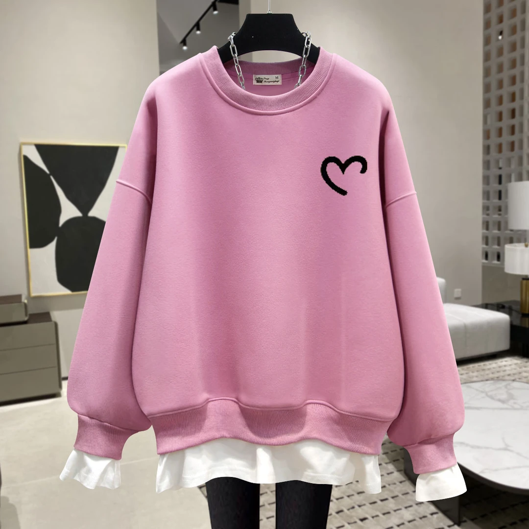 小爱心爆款加绒加厚假两件卫衣女2025新款休闲百搭温柔风圆领上衣