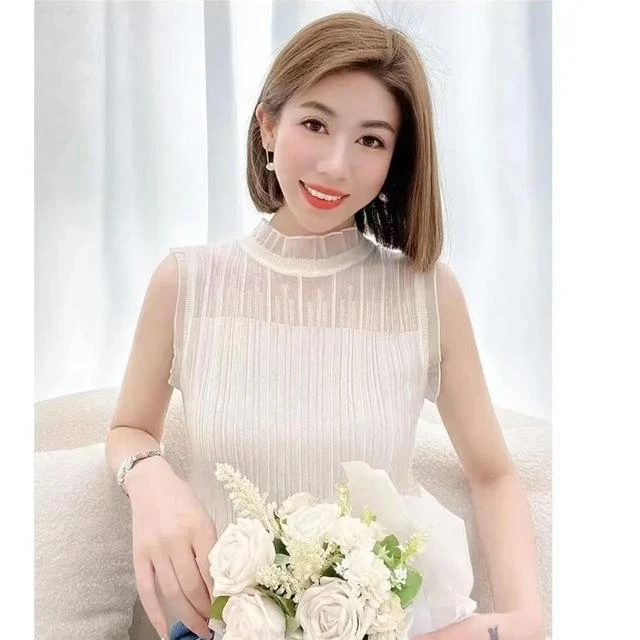 秋冬新款女士打底衫内搭无袖蕾丝花边针织背心白色法式立领减龄新