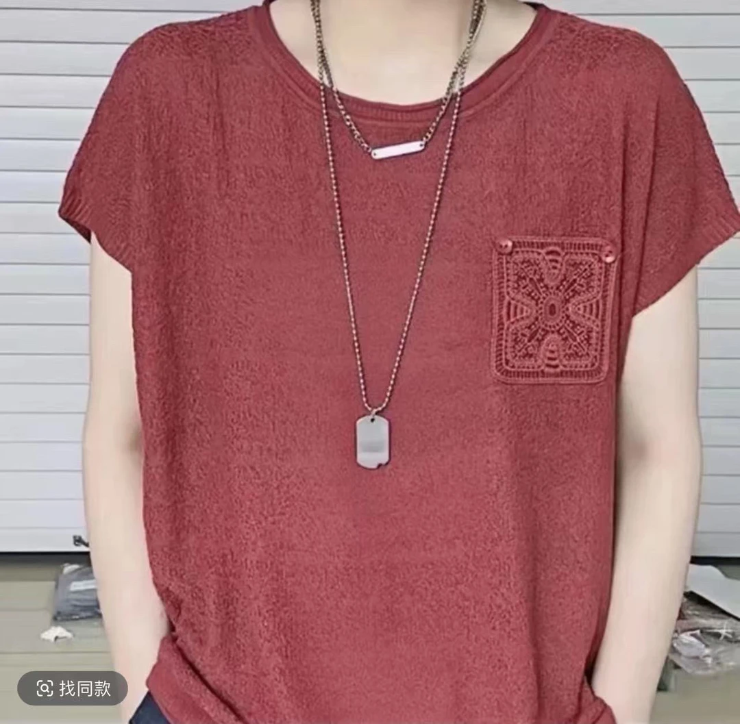 圆领复古文艺夏季女短袖毛针织衫针织休闲红色镂空宽松纯色