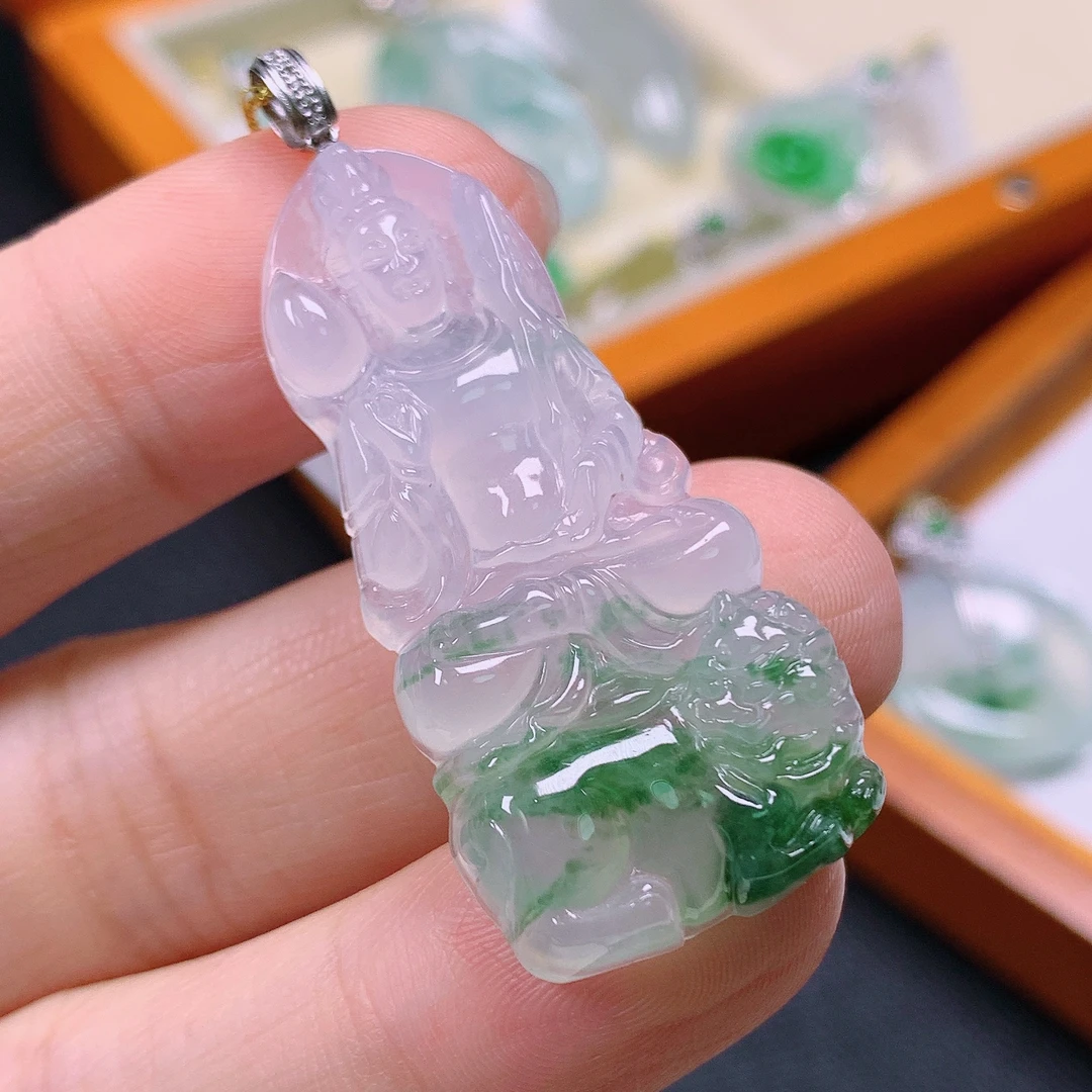 天然缅甸A货翡翠冰种飘绿花文殊观音菩萨吊坠揭阳精工雕