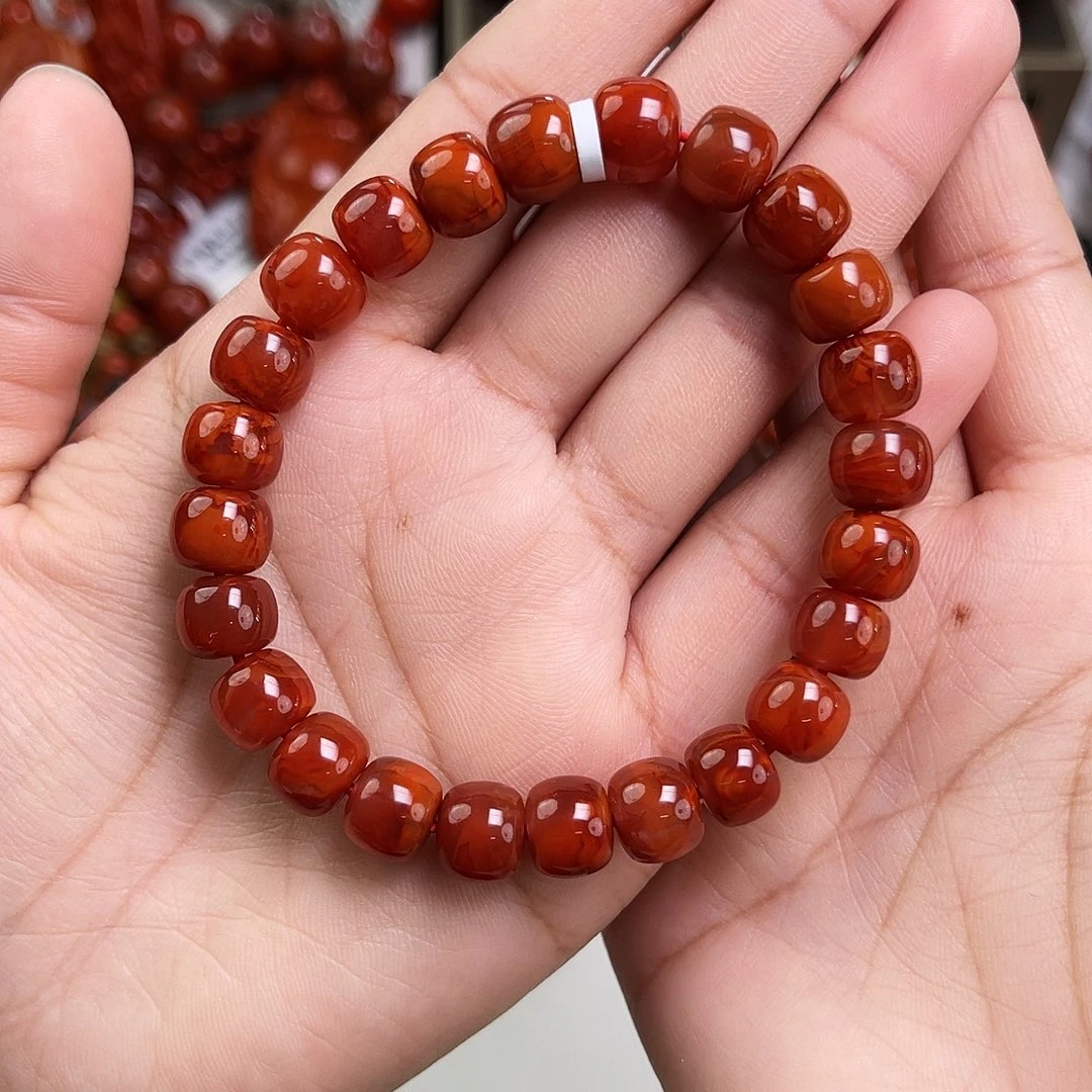 D***南红玛瑙未镶嵌手链瓦西收藏级牛血红火焰老型单圈9mm