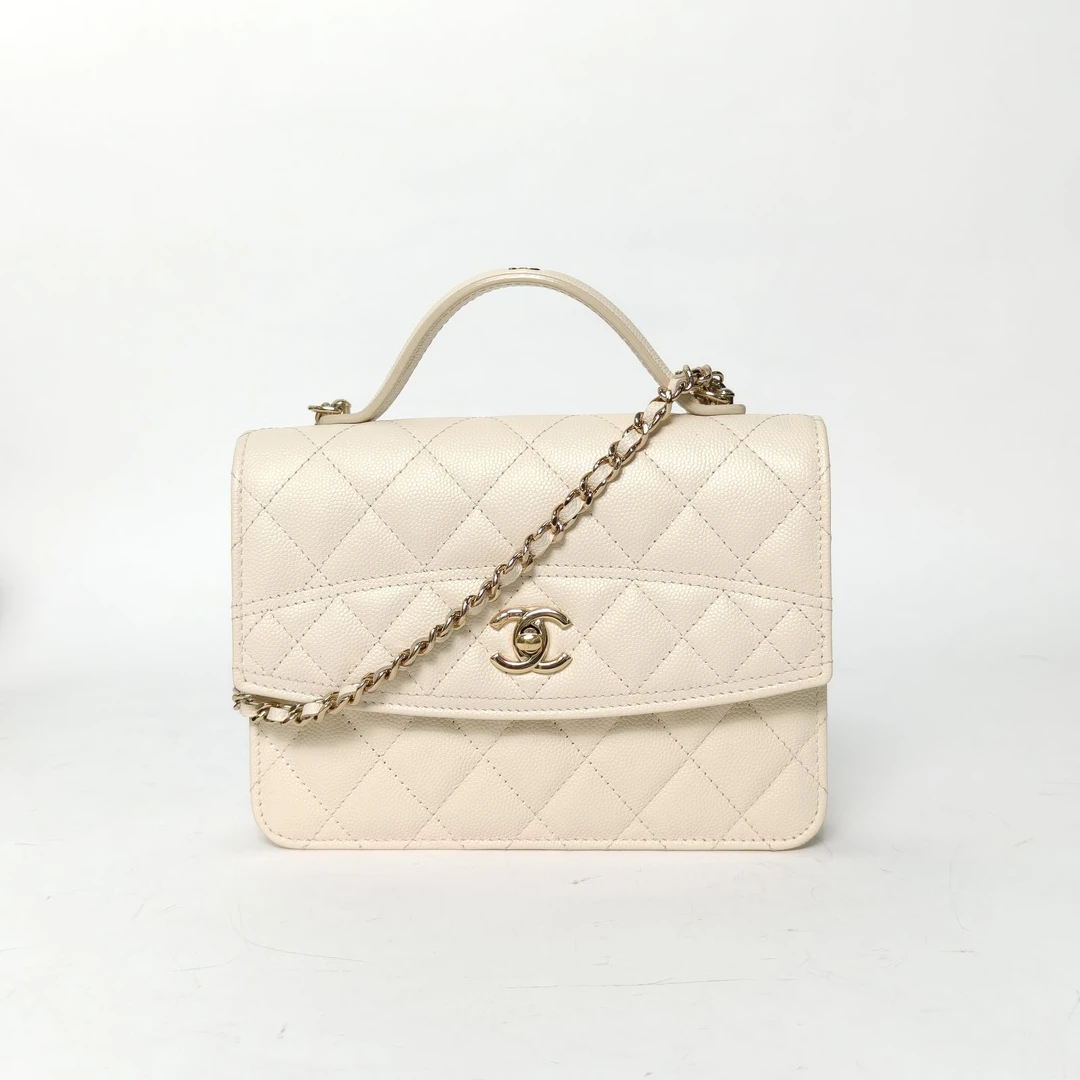 95新 Chanel/香奈儿 【小花黑黑】25C 风琴包 米白色