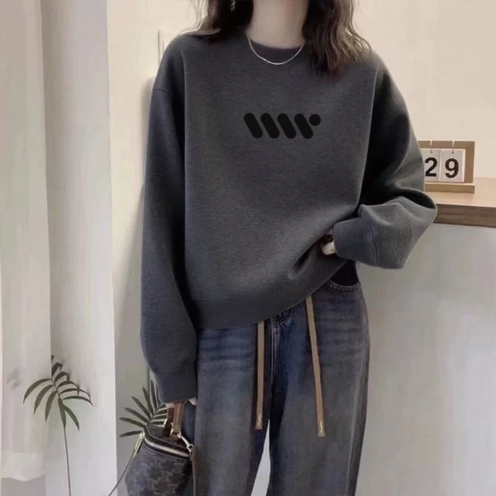 简约复古深灰色圆领套头显瘦长袖短款卫衣女秋冬宽松上衣女式薄款