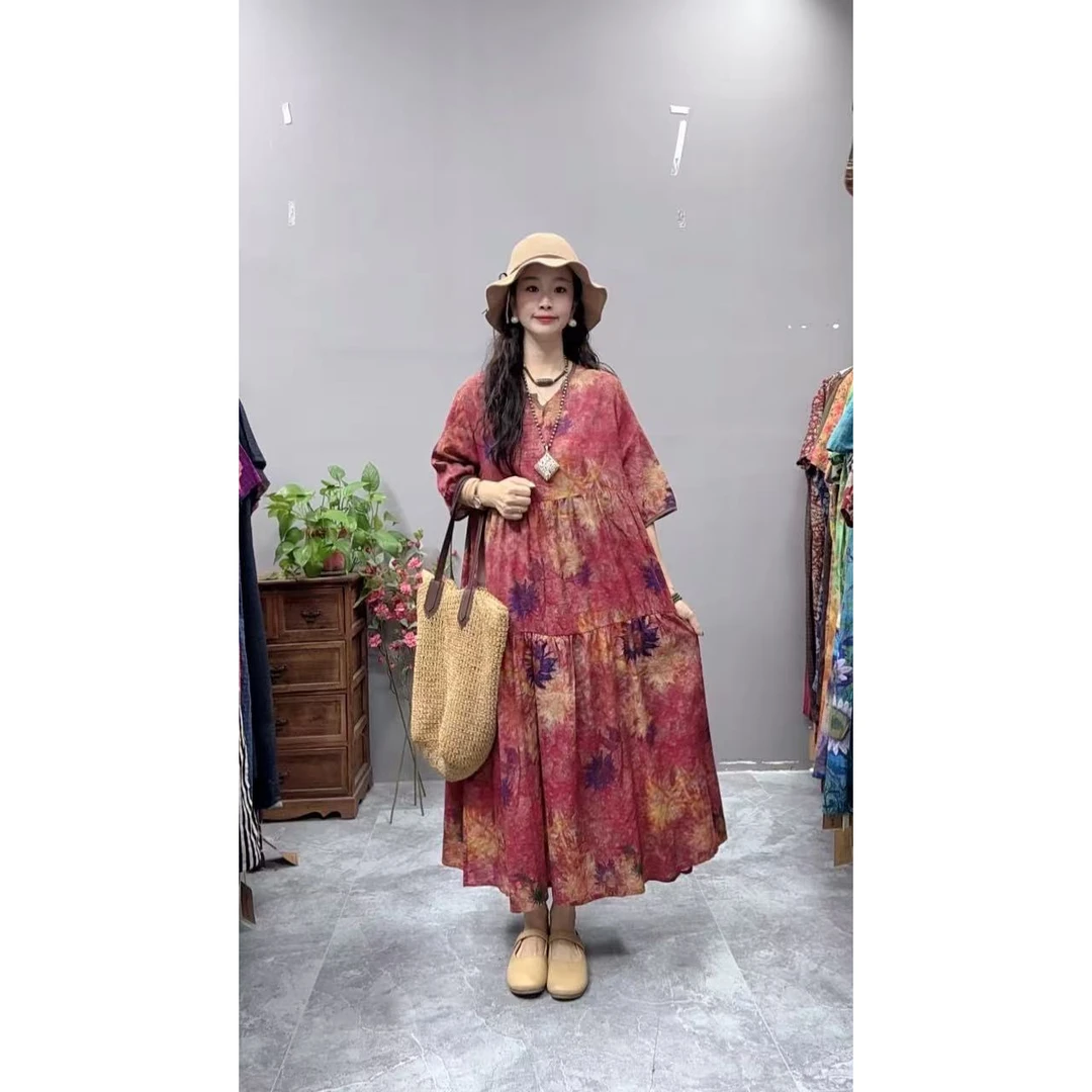 5163夏季新款显瘦气质时尚女百搭休闲文艺复古印花洋气宽松连衣裙