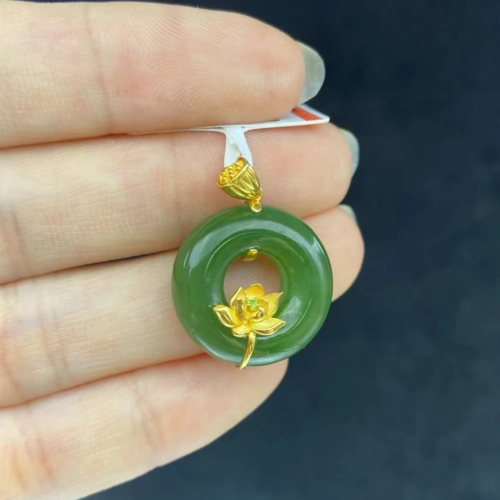 【同庆珍品】18k金和田玉碧玉甜甜圈吊坠 不含链 Y17