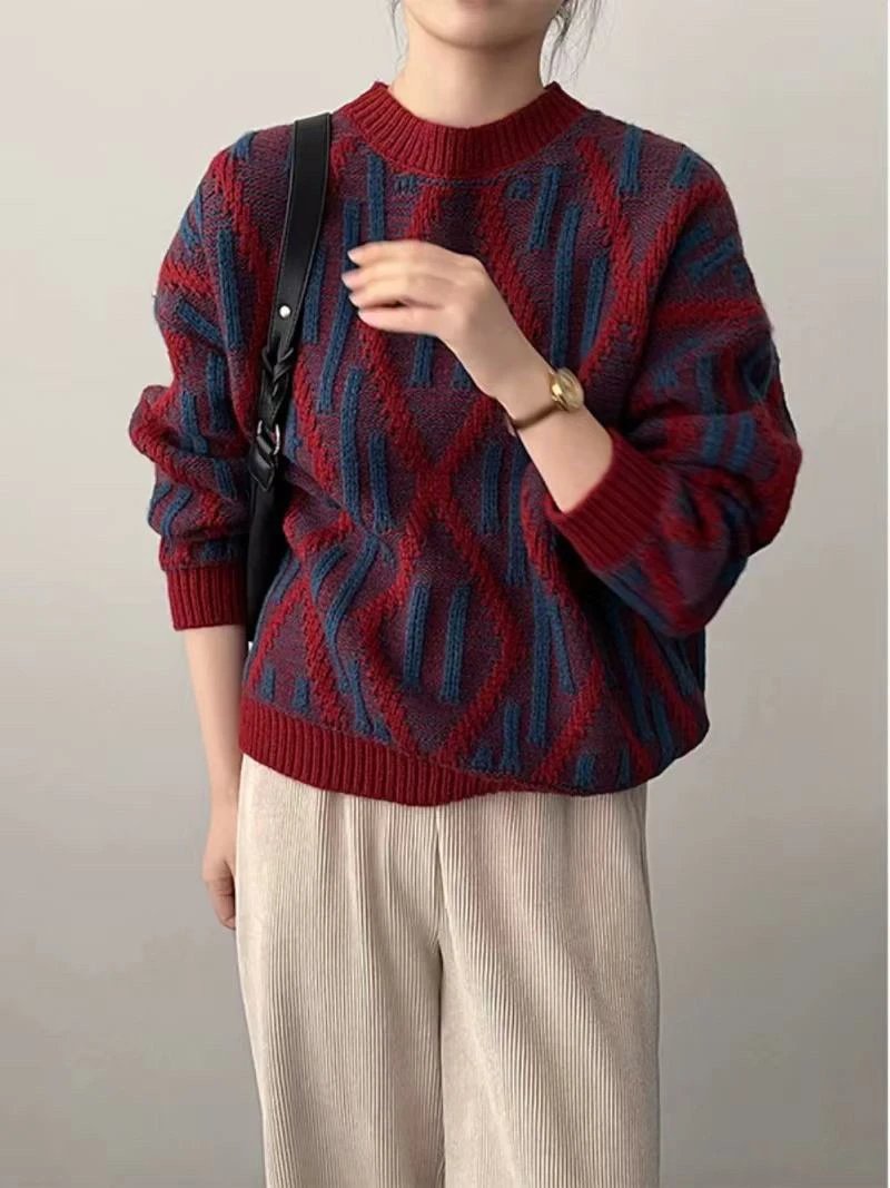 菱形格条纹毛衣气质复古慵懒风百搭宽松针织上衣内搭7828