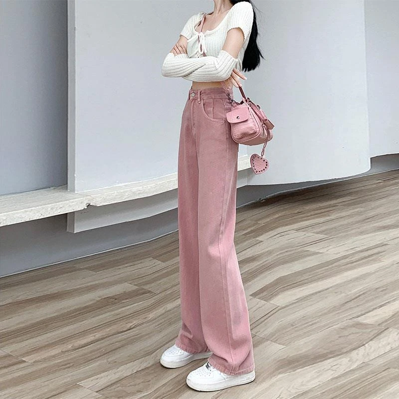 FAVMARTHA脏粉色窄版阔腿直筒牛仔裤女2025年新款春款爆款小个子