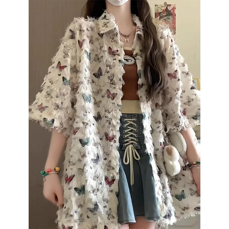 韩系chic别致蝴蝶短袖衬衫外套女春秋设计感小众艺术感叠穿衬衣潮