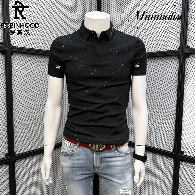 罗宾汉/ROBINHOOD翻领刺绣POLO衫男士新款高档小蜜蜂短袖翻领T恤