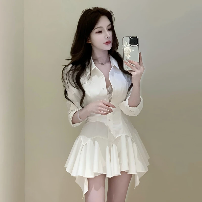 2025新款气质显瘦纯欲辣妹露肩衬衫连衣裙D0490