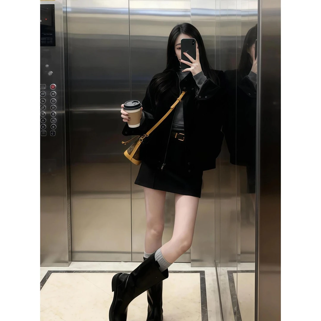 韩系一整套深冬穿搭小个子气质休闲黑色麂皮绒夹克外套半身裙套装