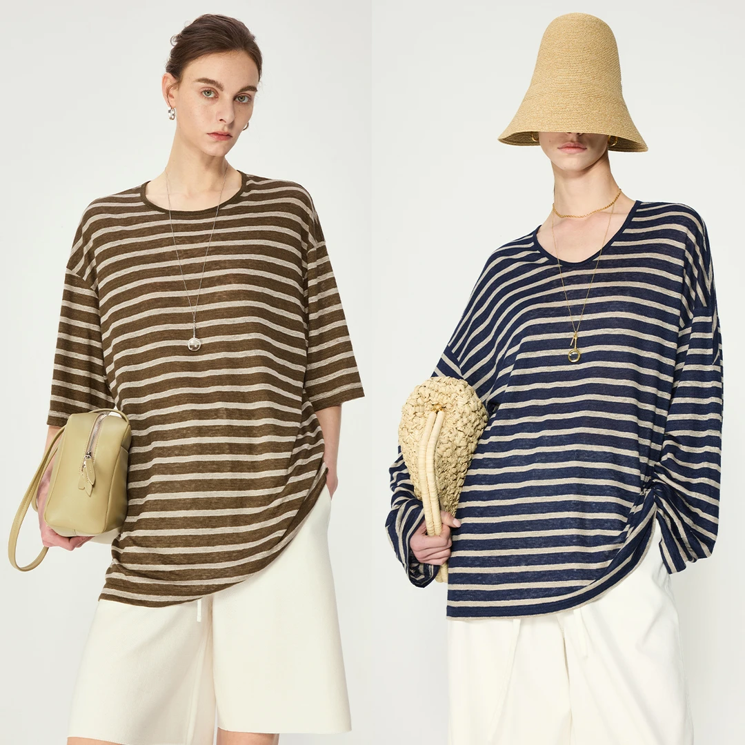 KEIGAN/开间夏季日本进口轻薄亚麻色织条纹宽松长袖百搭短袖T恤