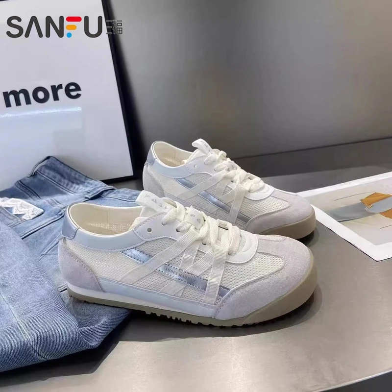 三福真皮网面德训鞋女2025春夏款网纱拼色透气休闲阿甘鞋板鞋薄款