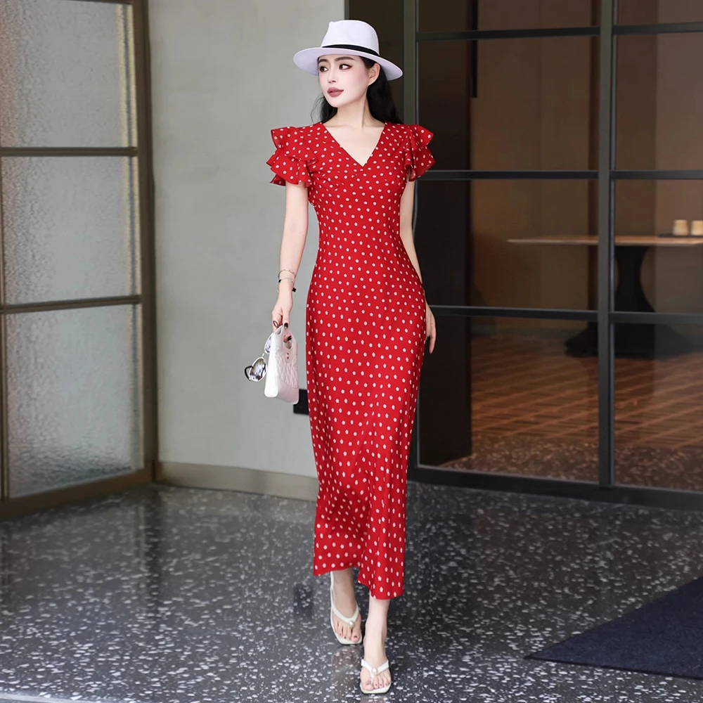红色法式V领小飞袖波点印花连衣裙2025夏短袖海边度假长裙收腰