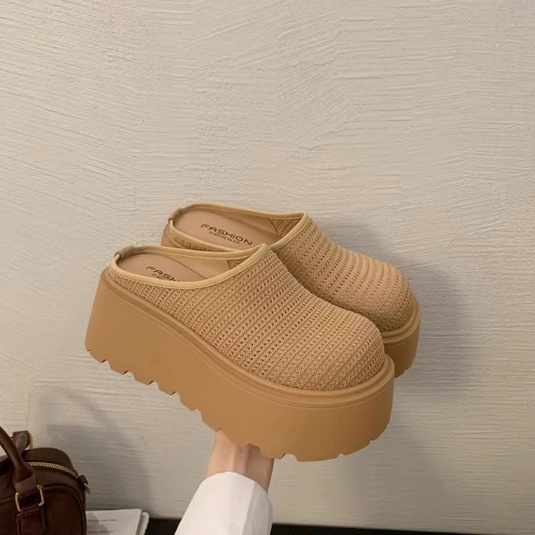 编织厚底松糕增高一脚蹬超火包头半拖鞋女春夏外穿2025新款小个子