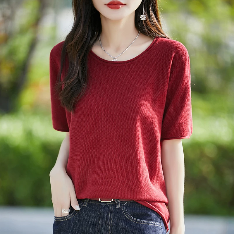 气质卷边圆领纯棉背心女大码套头针织短袖百搭宽松中袖上衣打底衫