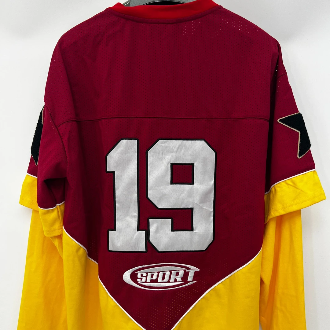 欧单街头风刺绣假两件球服潮流运动时尚复古