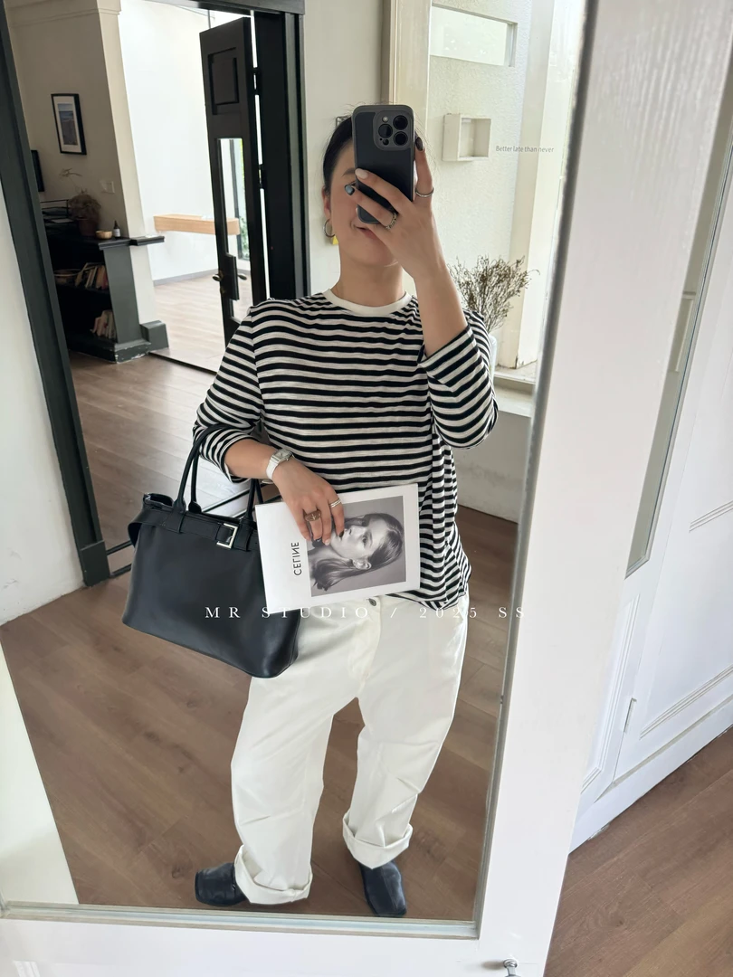 【YILI显瘦女装】休闲百搭松弛感黑白条纹长袖t Y0731