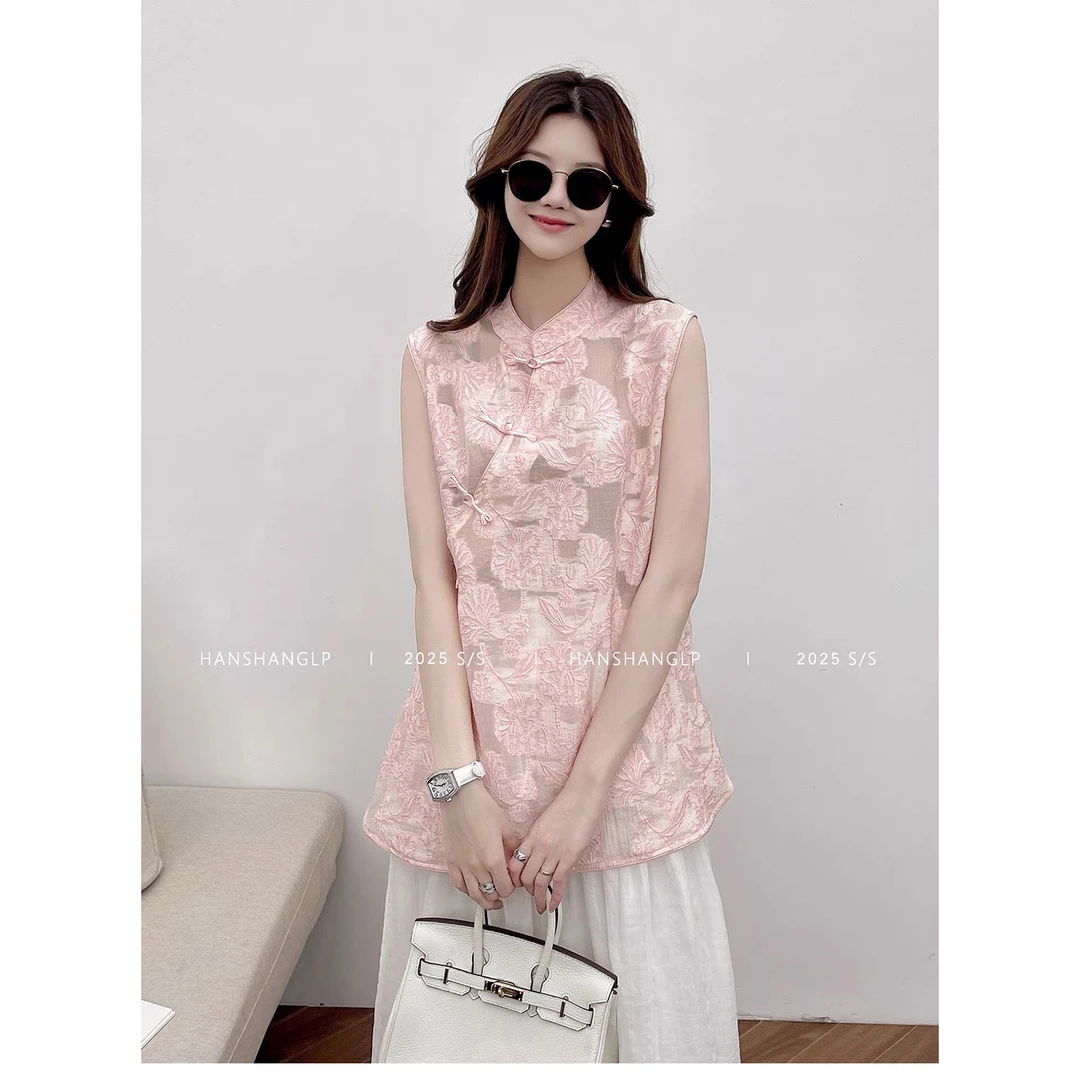 “畔月”新中式剪花斜襟盘扣无袖衬衫女2025年夏季新款气质上衣