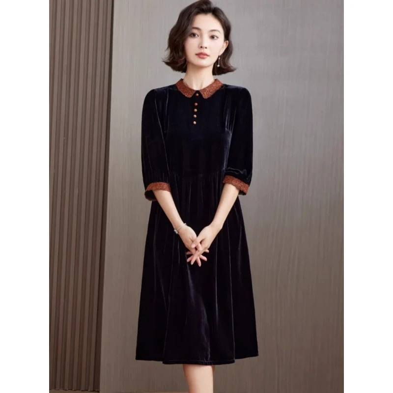 真丝绒秋冬连衣裙春季2025新款洋气裙子冬季高档妈妈裙时尚中长款