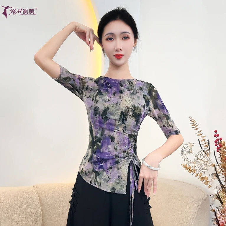 古典舞练功服新款修身显瘦抽绳一字领成人女中袖现代舞形体训练服