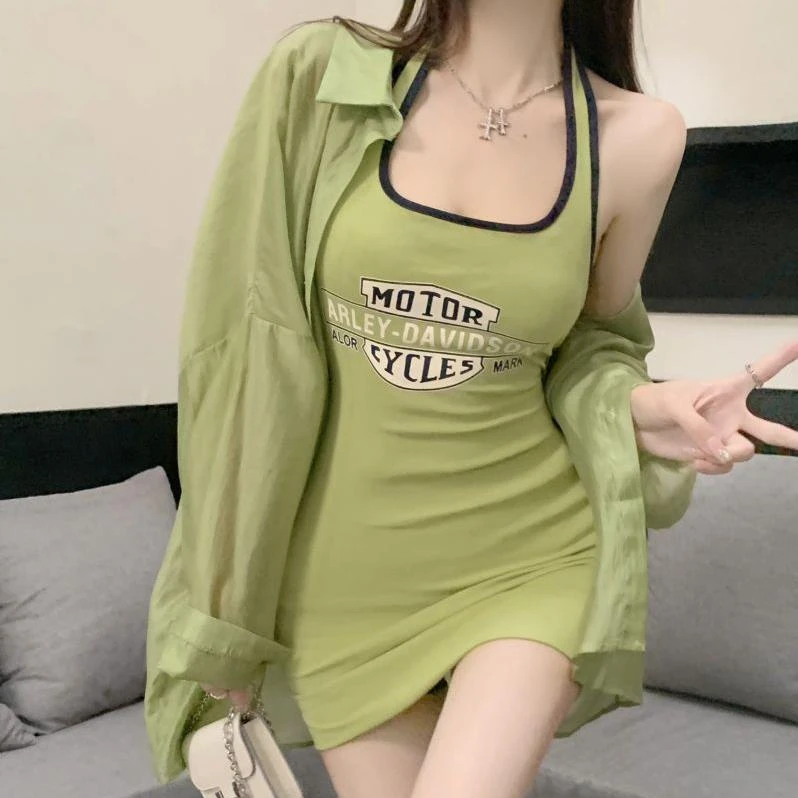 时尚两件套装女春夏季新款长袖衬衫防晒吊带挂脖连衣裙包臀短裙子