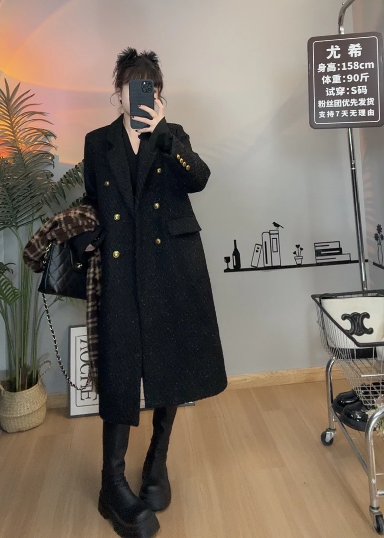 【尤希】90白鸭绒内胆女士黑色长款亮丝含毛大衣时尚修身显瘦