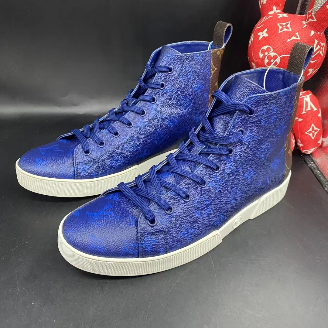 95新 LouisVuitton/路易威登 蓝棕老花时尚高帮板鞋42欧码kke352