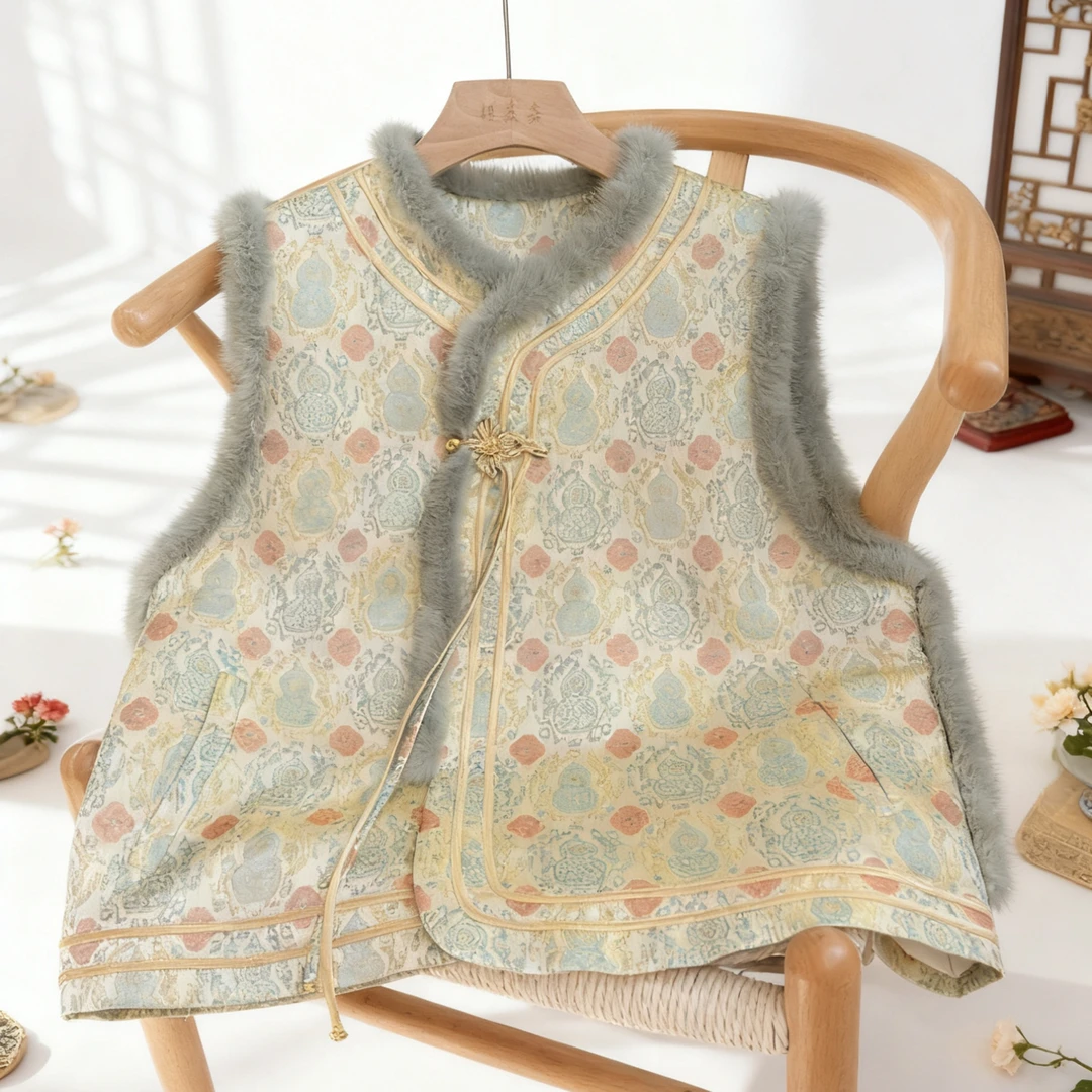 DY3305樱美嘉100桑蚕丝宋锦水貂毛冬季新款马甲坎肩新中式国风