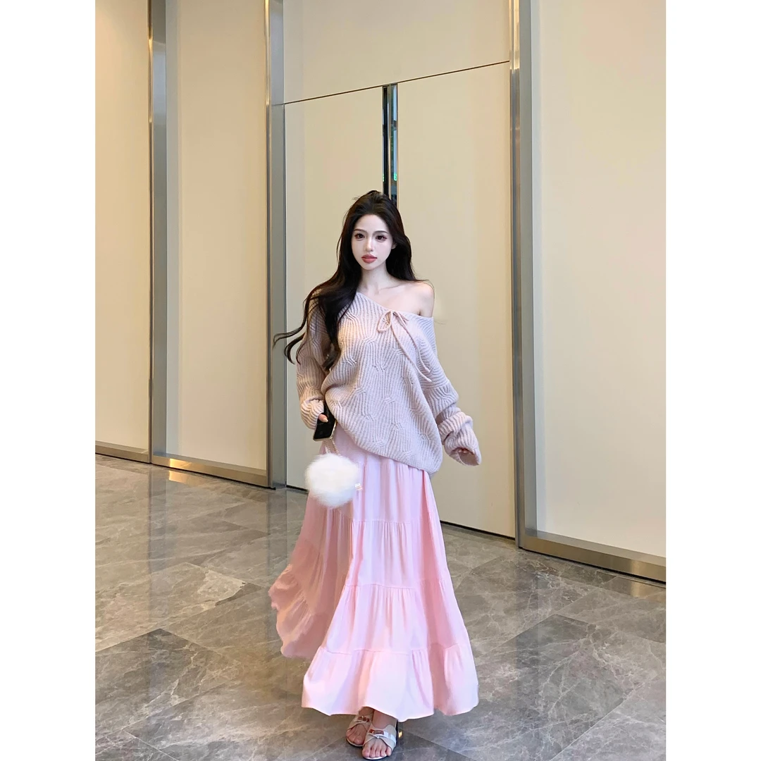 慵懒粉色绑带v领长袖针织衫女秋季温柔宽松毛衣上衣半身长裙套装