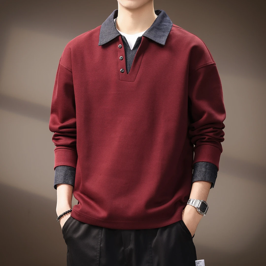法国Cebrodz高端撞色拼接重磅牛仔Polo衫男秋季美式复古翻领卫衣