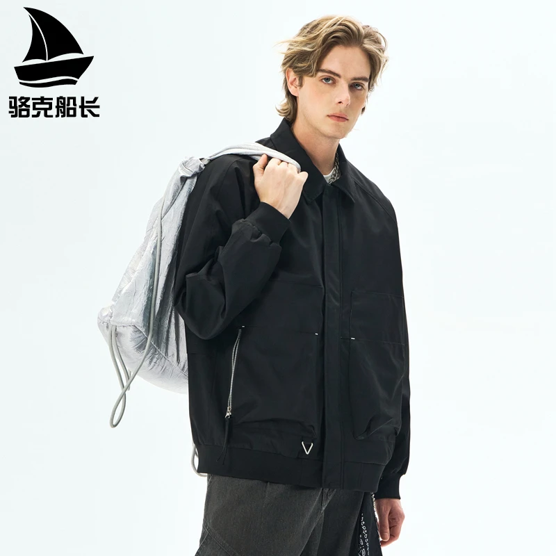 骆克船长男士春夏季V领夹克潮流宽松透气时尚休闲百搭外套上衣