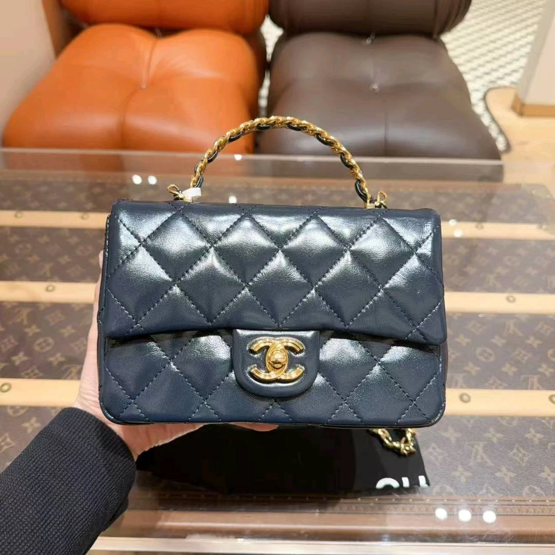 99新 Chanel/香奈儿 23S蓝色金扣手柄款CF大mini 芯片款 手提单肩